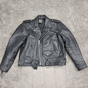 Highway One Vintage Black Leather Motorcycle Biker Jacket Mens Large Belted Moto